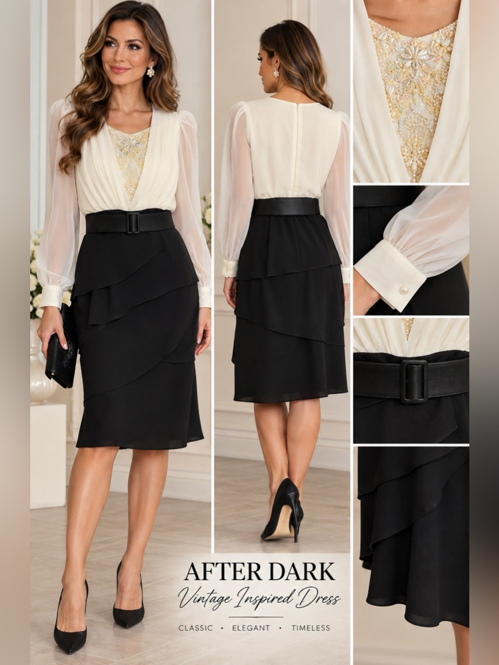 After Dark Vintage Black Ivory Beaded Sheer Sleeve Belted Midi Dress